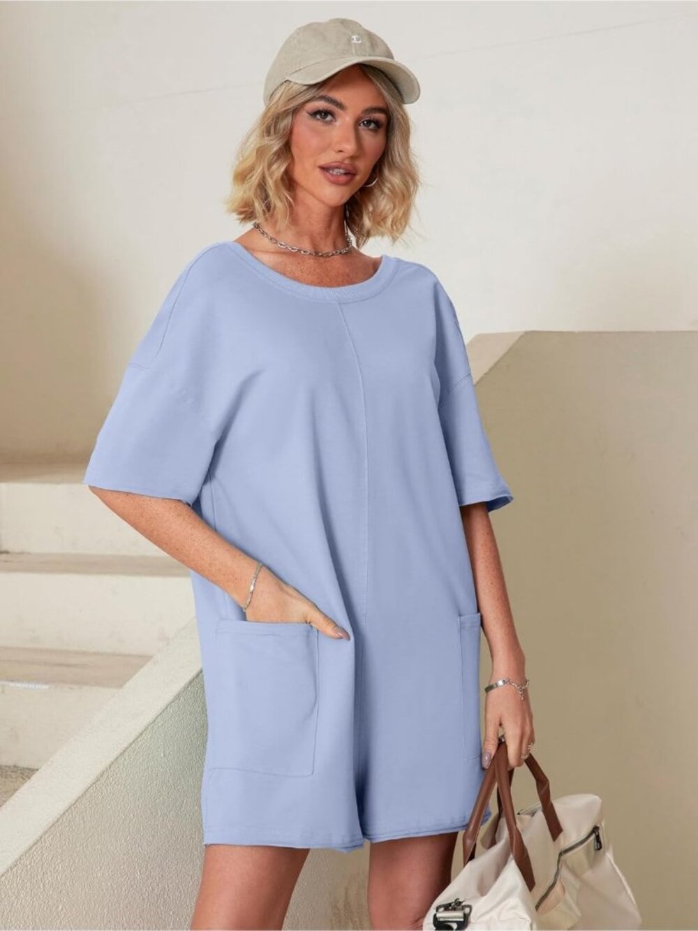 Women's Sky Blue Summer Casual Onesie Backless Loose Short Oversized Tee Romper - Picture 4 of 5